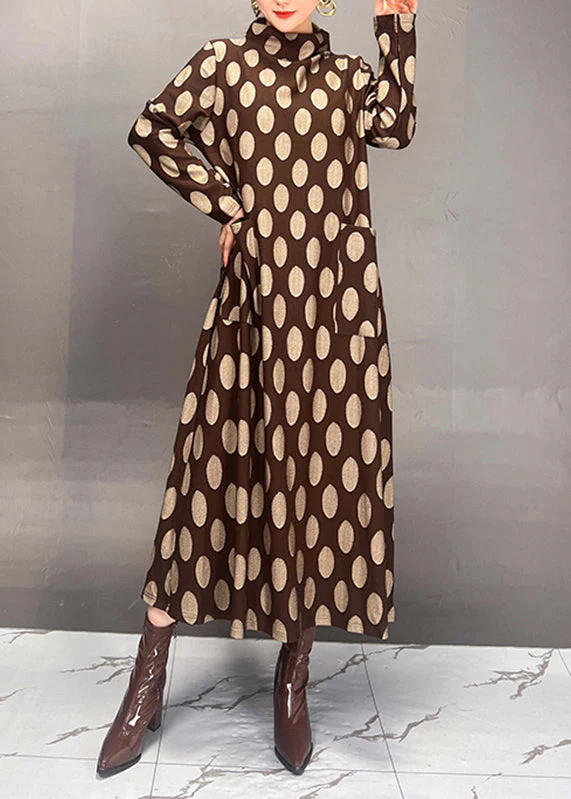 Elegant Mulberry Turtleneck Dot Print Maxi Dress Spring - Image 4