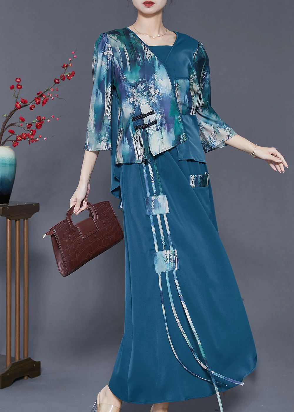 Elegant Navy Asymmetrical Patchwork Silk Oriental Dresses Two Piece Set Spring