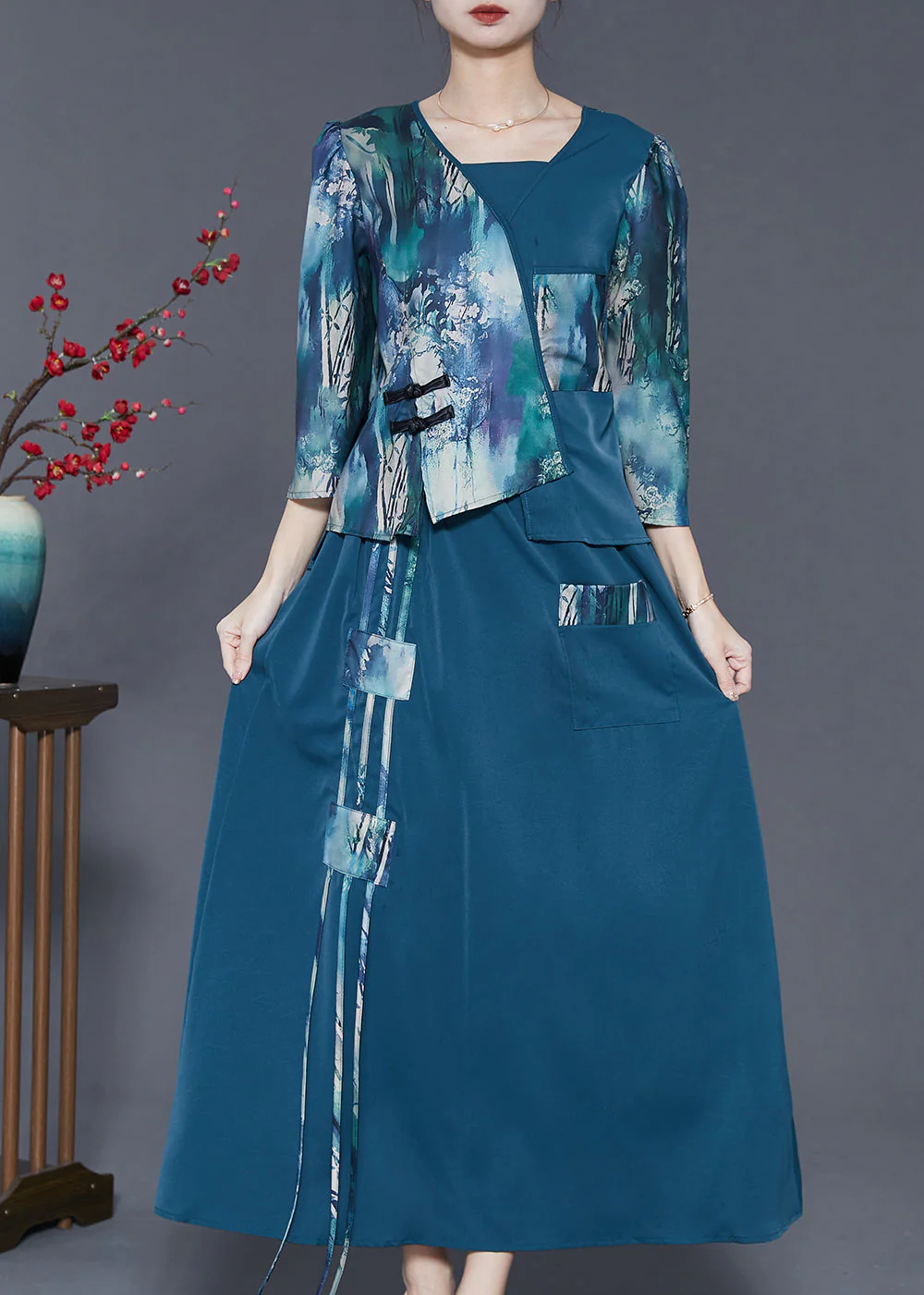 Elegant Navy Asymmetrical Patchwork Silk Oriental Dresses Two Piece Set Spring - Image 2