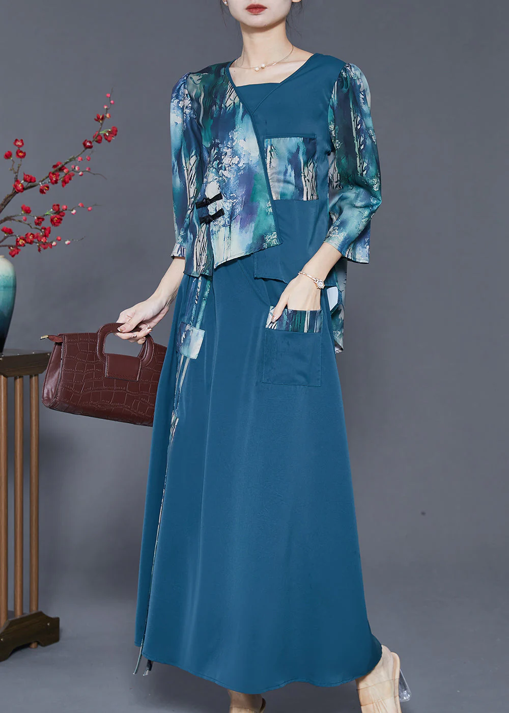 Elegant Navy Asymmetrical Patchwork Silk Oriental Dresses Two Piece Set Spring - Image 3