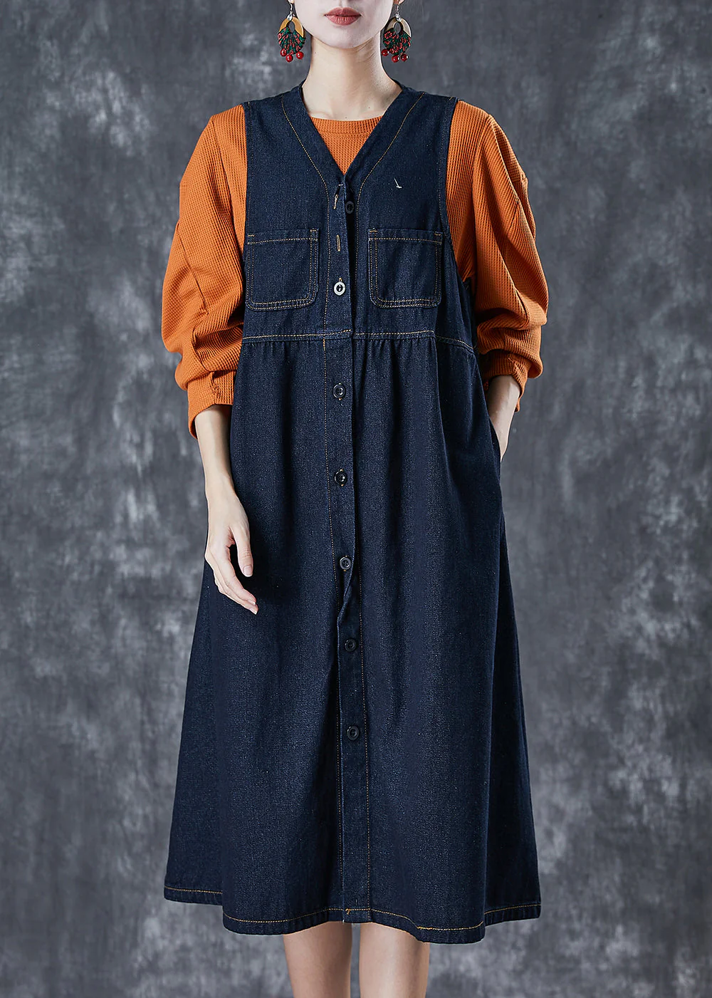 Elegant Navy Denim Dress And Shirt 2 Piece Outfit Spring - Image 2