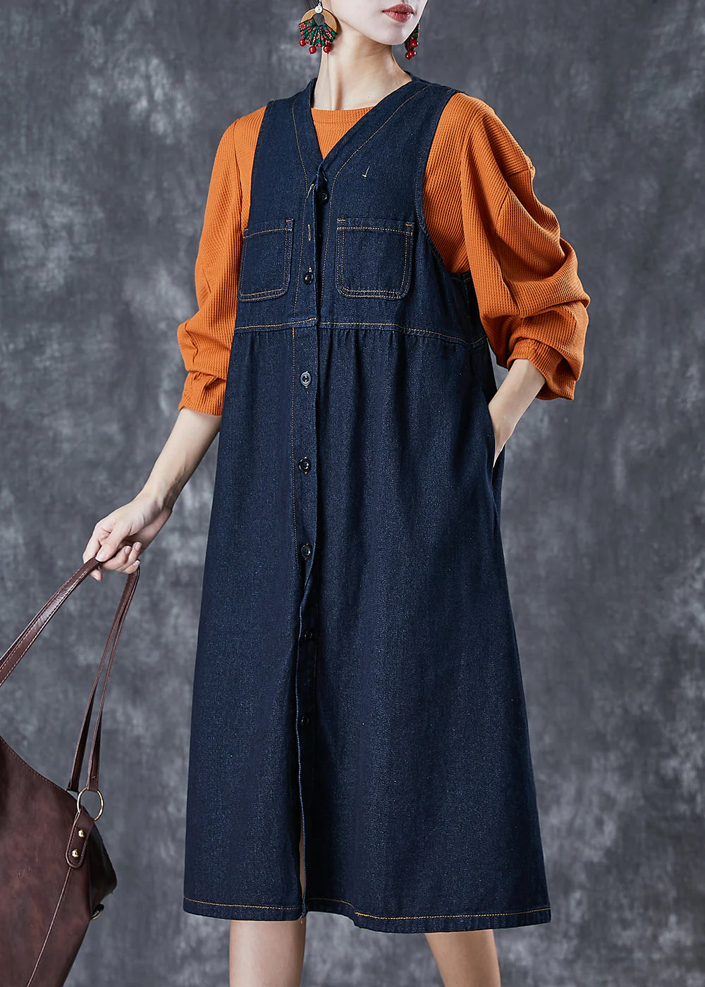 Elegant Navy Denim Dress And Shirt 2 Piece Outfit Spring - Image 3