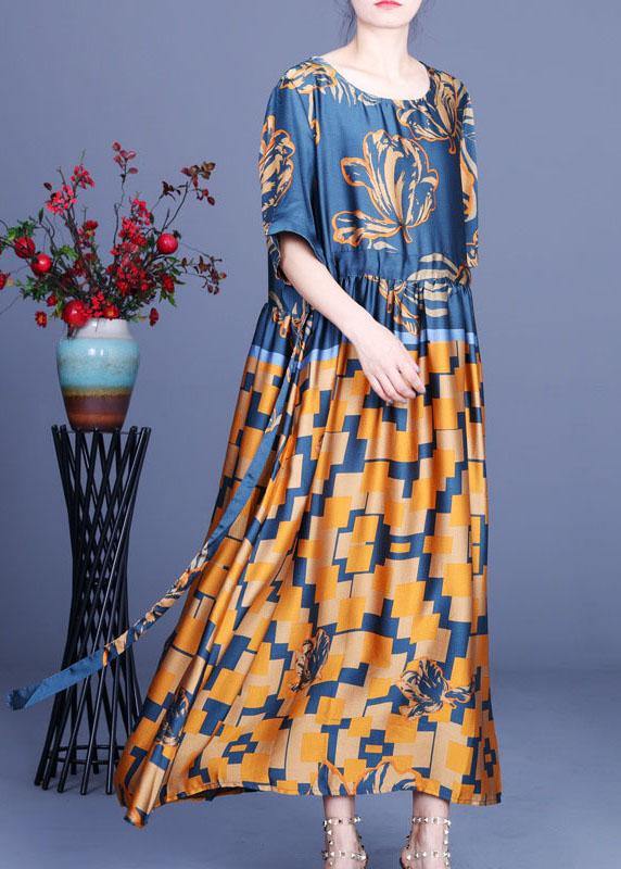 Elegant Navy Print Silk Tie Waist Mid Dress Summer - Image 2