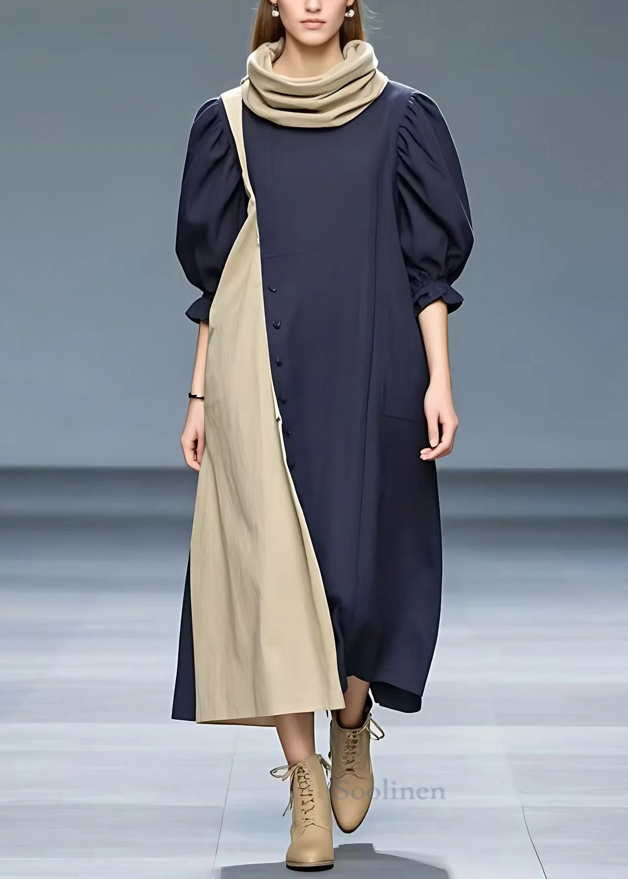 Elegant Navy Turtleneck Patchwork Cotton Long Dresses Half Sleeve - Image 2