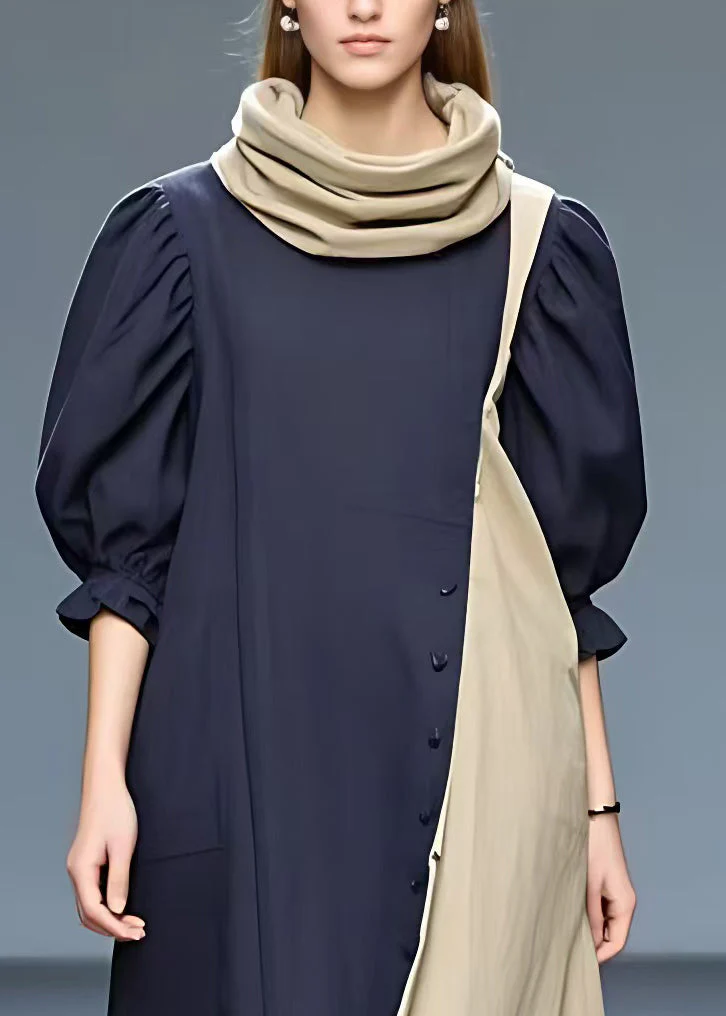 Elegant Navy Turtleneck Patchwork Cotton Long Dresses Half Sleeve - Image 3