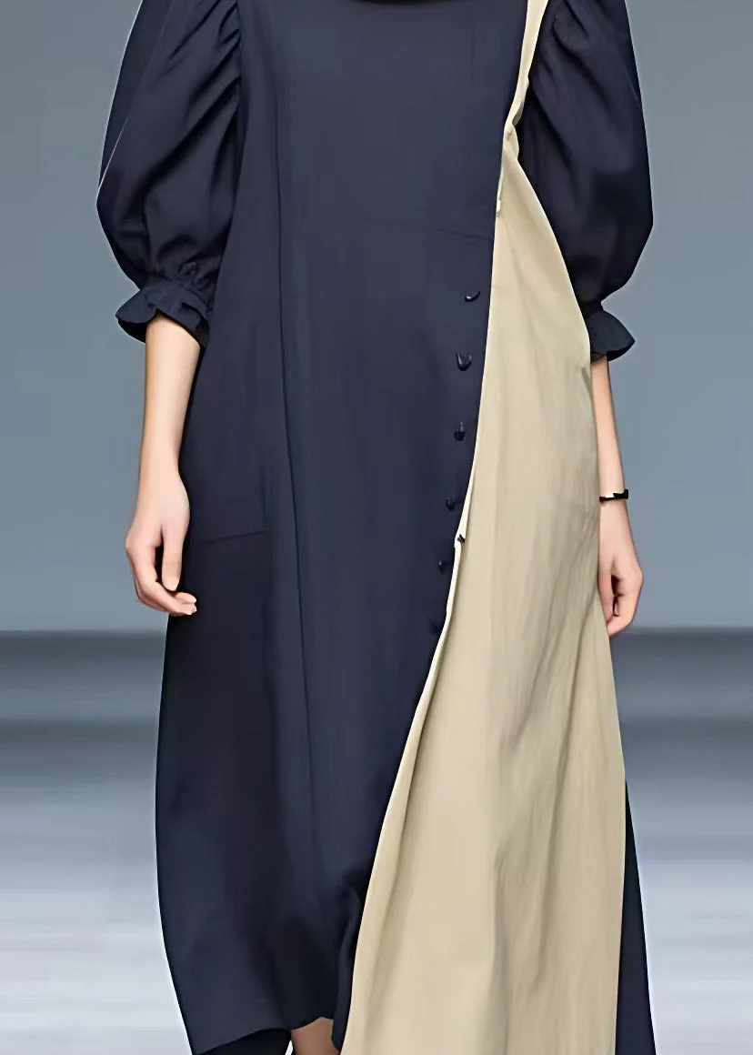 Elegant Navy Turtleneck Patchwork Cotton Long Dresses Half Sleeve - Image 4