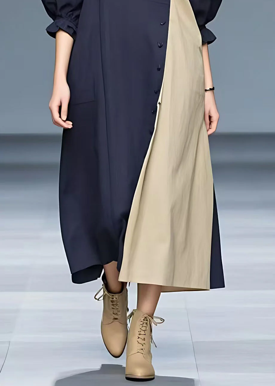 Elegant Navy Turtleneck Patchwork Cotton Long Dresses Half Sleeve - Image 5