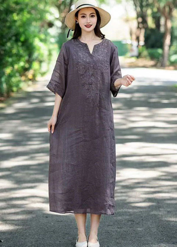 Elegant Navy V Neck Embroideried Patchwork Linen Dresses Summer - Image 3