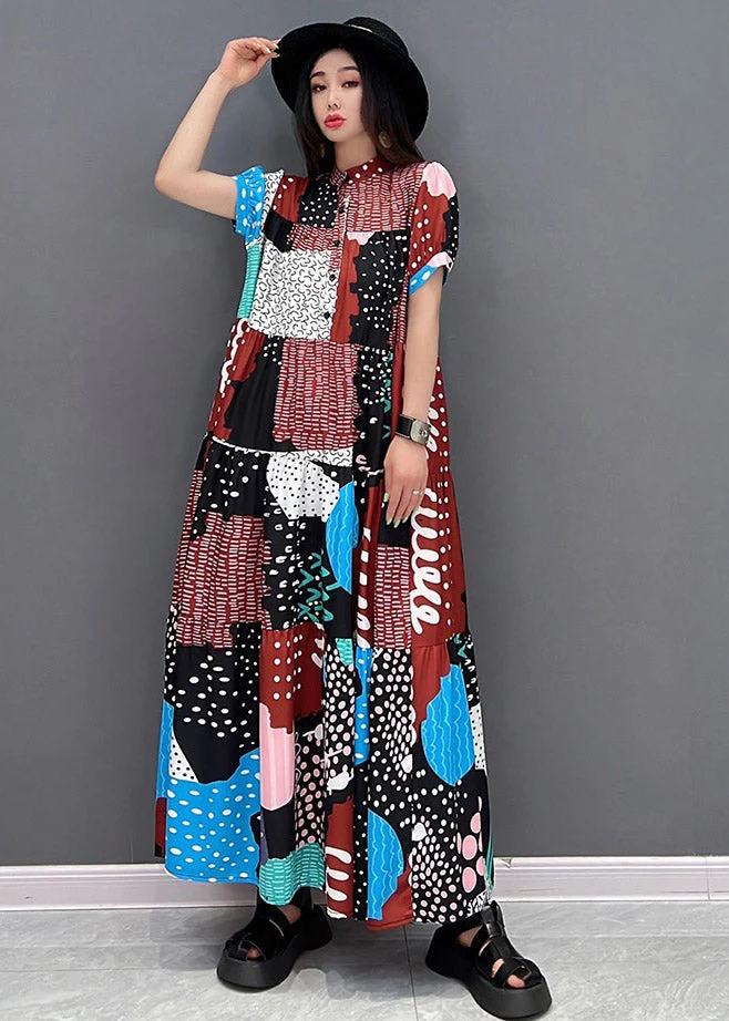 Elegant O-Neck Print Button Long Dresses Short Sleeve - Image 2