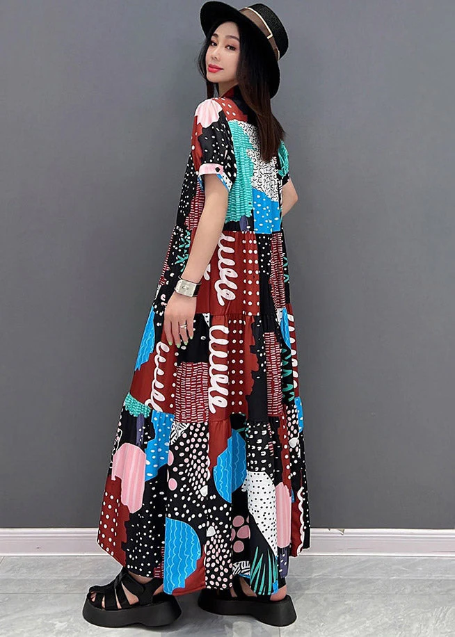 Elegant O-Neck Print Button Long Dresses Short Sleeve - Image 4
