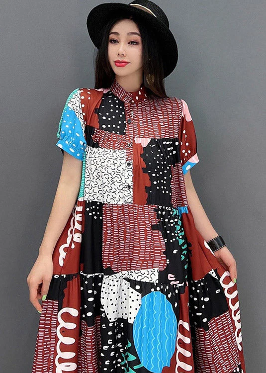 Elegant O-Neck Print Button Long Dresses Short Sleeve - Image 5