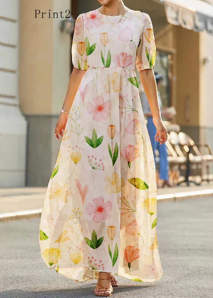 Elegant O Neck Print High Waist Cotton Long Dress Summer - Image 2