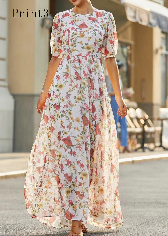 Elegant O Neck Print High Waist Cotton Long Dress Summer - Image 3