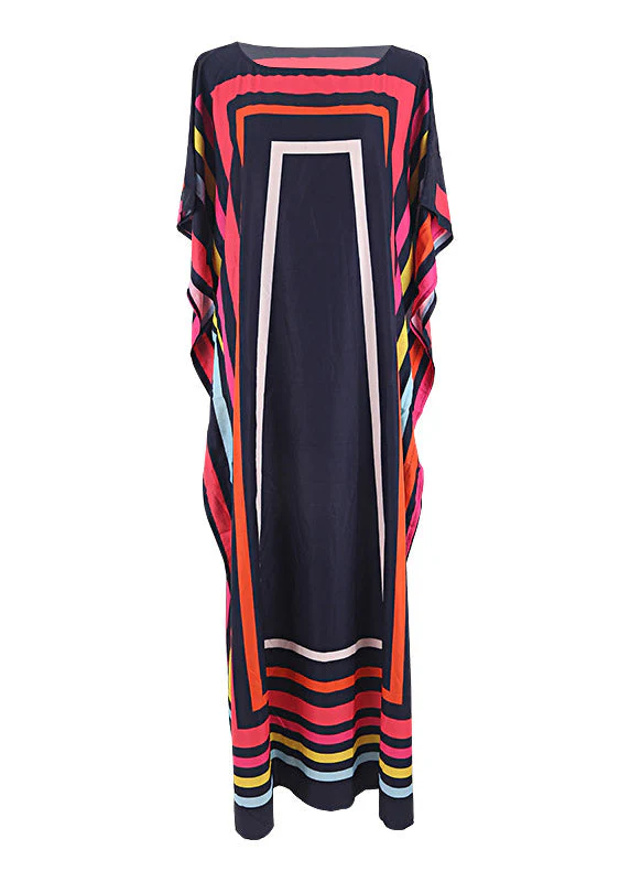 Elegant O-Neck Striped Patchwork Side Open Maxi Beach Dresses Short Sleeve - Image 5
