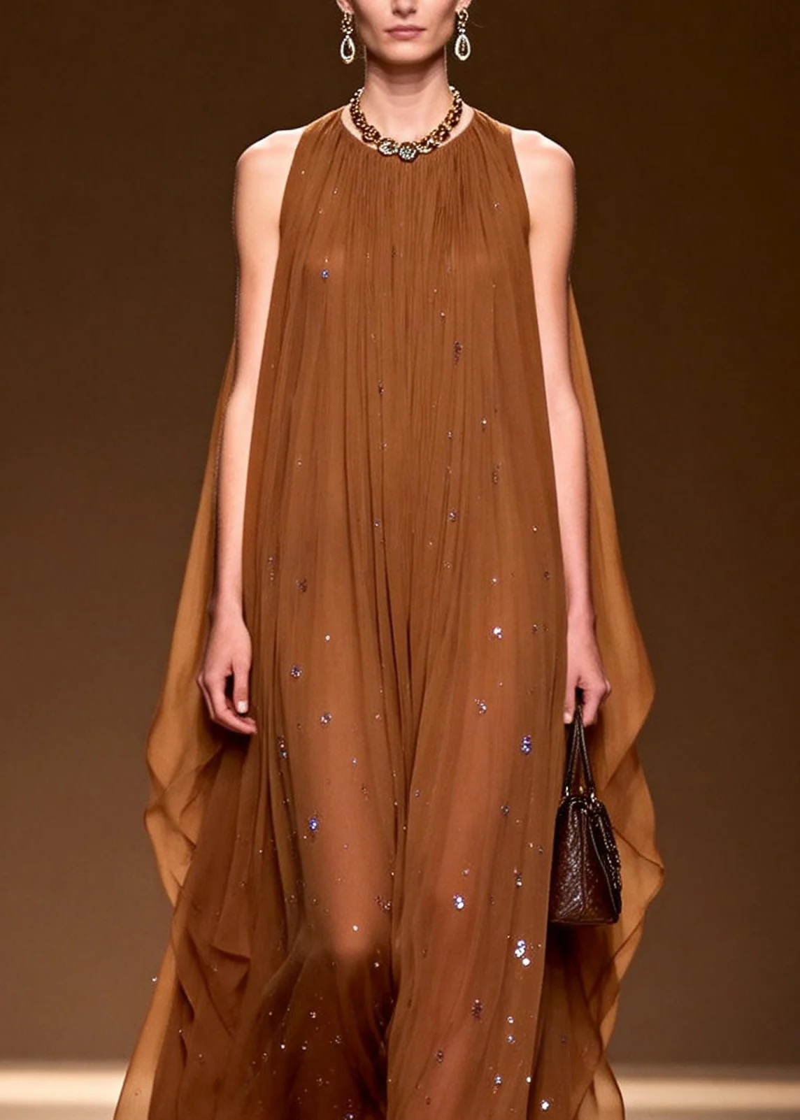 Elegant O Neck Zircon Chiffon Long Dress Sleeveless - Image 2