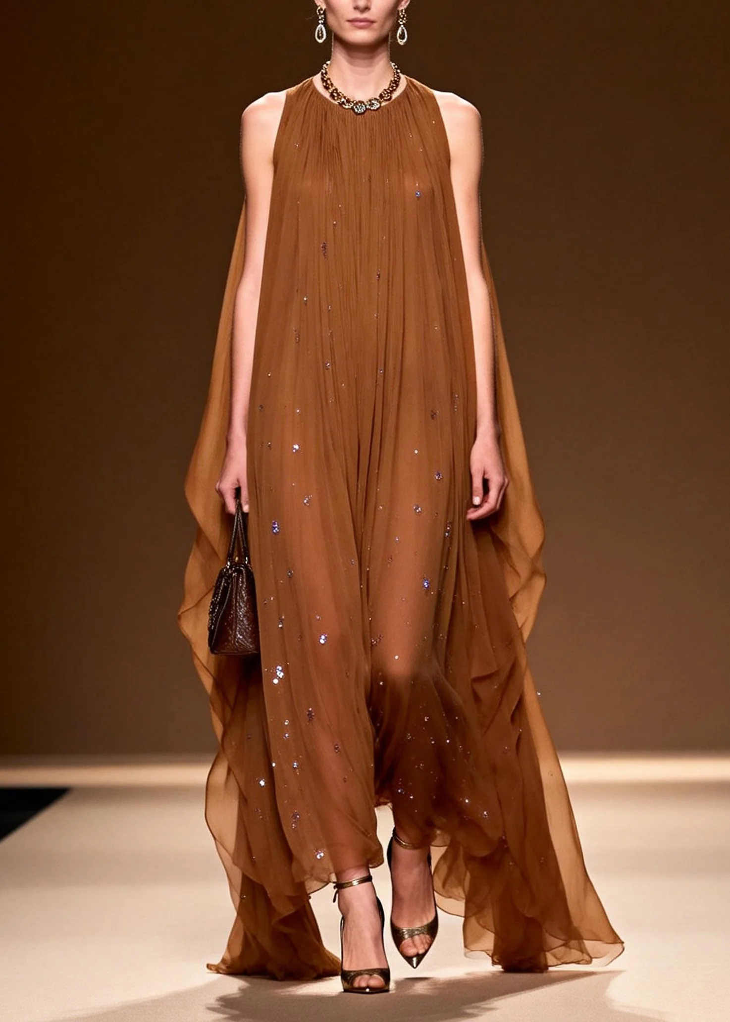 Elegant O Neck Zircon Chiffon Long Dress Sleeveless - Image 3