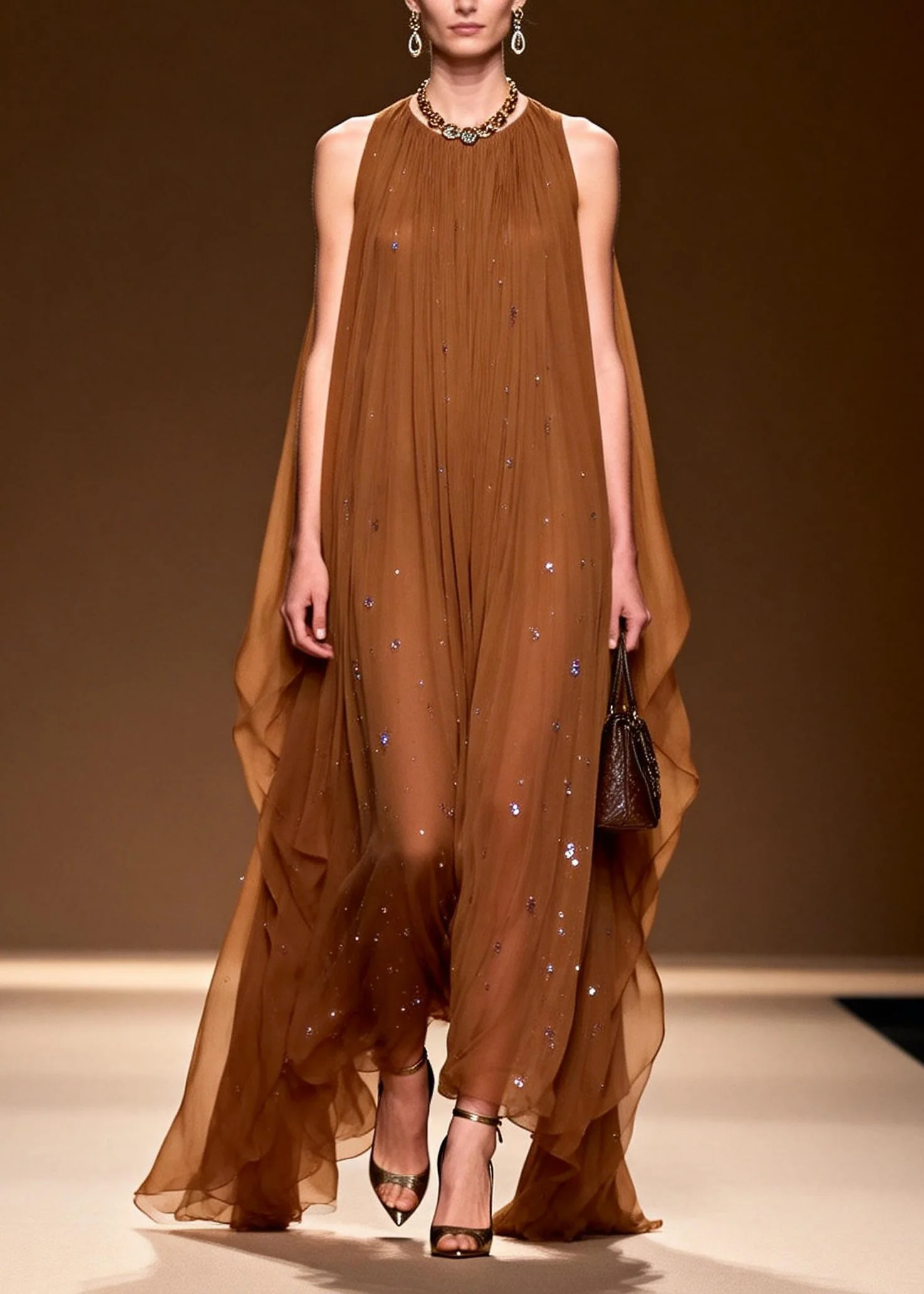 Elegant O Neck Zircon Chiffon Long Dress Sleeveless - Image 5