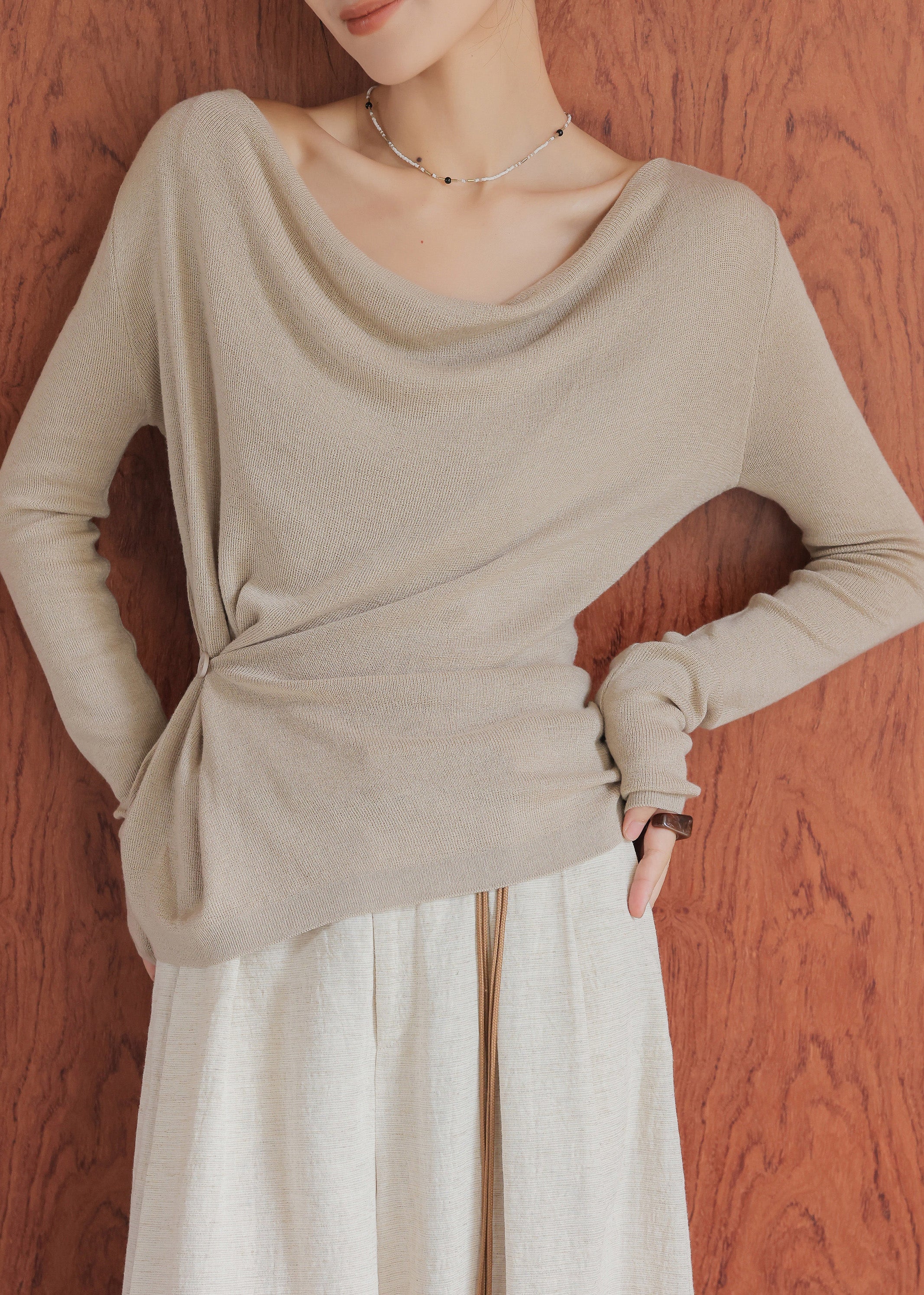 Elegant Oat Colored Collar Wool Knitted Top Spring - Image 3