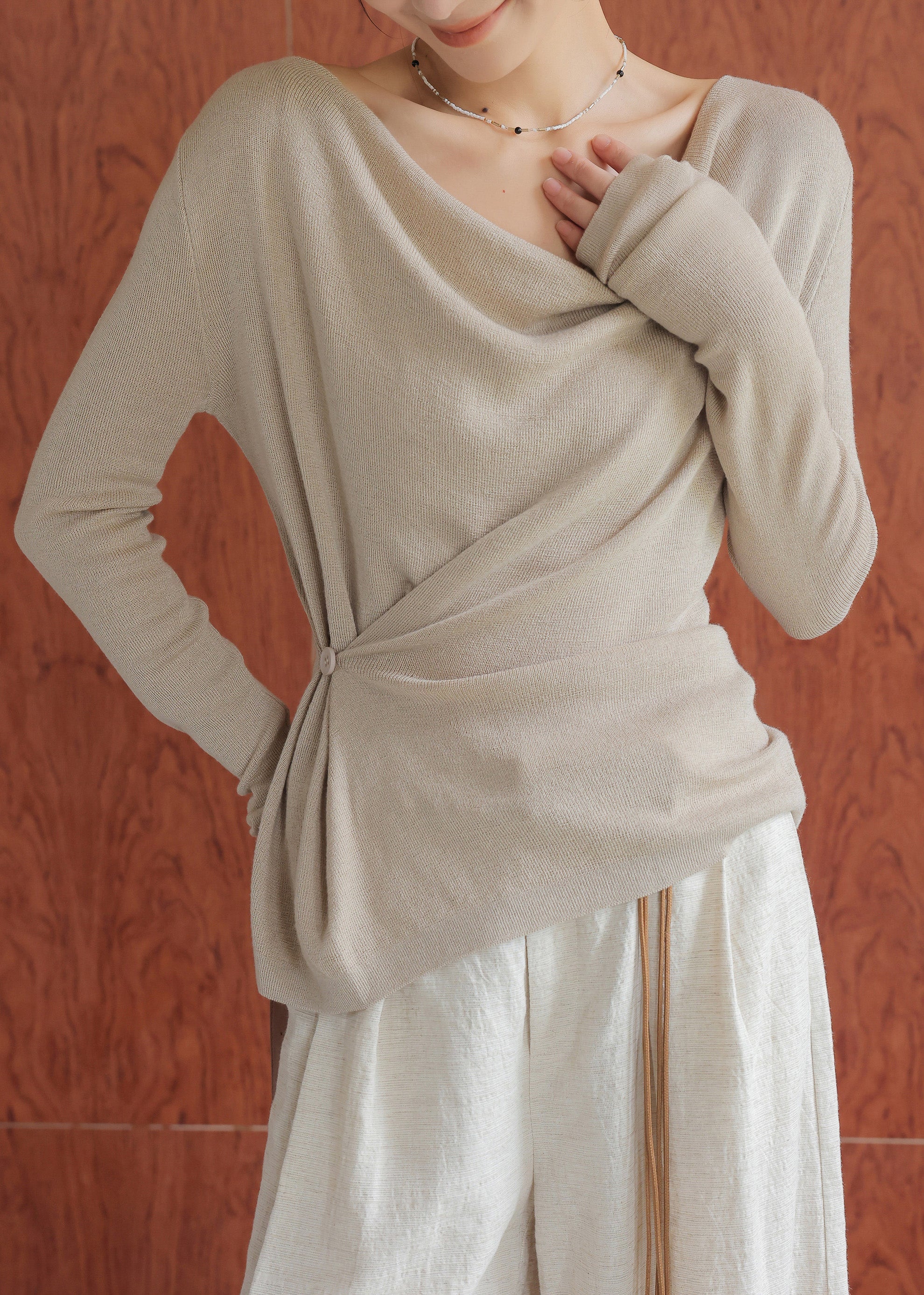 Elegant Oat Colored Collar Wool Knitted Top Spring - Image 5
