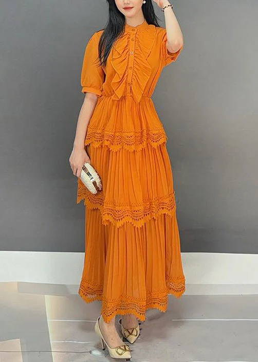 Elegant Orange Button Wrinkled Solid Long Dress Summer - Image 3