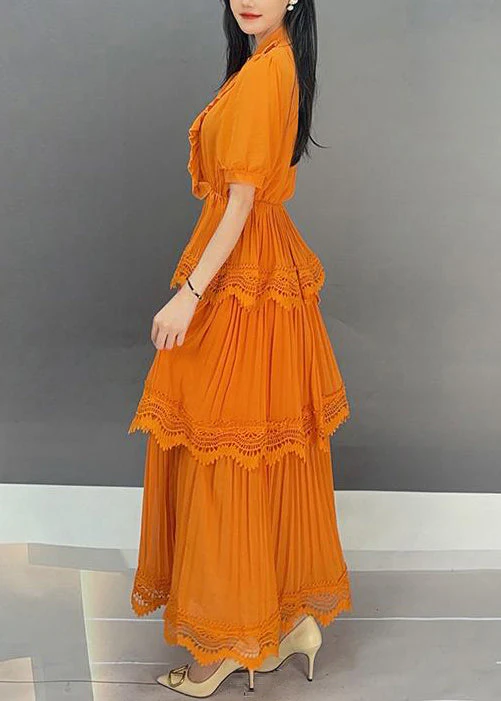 Elegant Orange Button Wrinkled Solid Long Dress Summer - Image 4