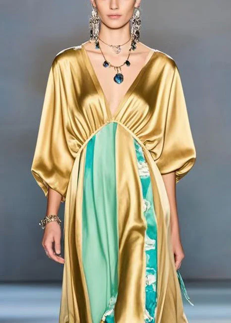 Elegant Orange Deep-V Neck Patchwork Silk Maxi Dresses Batwing Sleeve - Image 2
