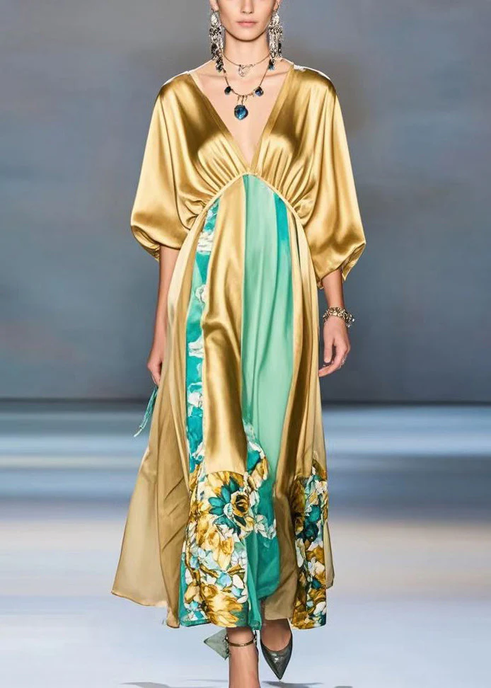 Elegant Orange Deep-V Neck Patchwork Silk Maxi Dresses Batwing Sleeve - Image 3