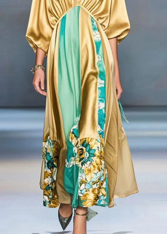 Elegant Orange Deep-V Neck Patchwork Silk Maxi Dresses Batwing Sleeve - Image 4