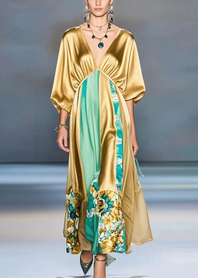 Elegant Orange Deep-V Neck Patchwork Silk Maxi Dresses Batwing Sleeve - Image 5