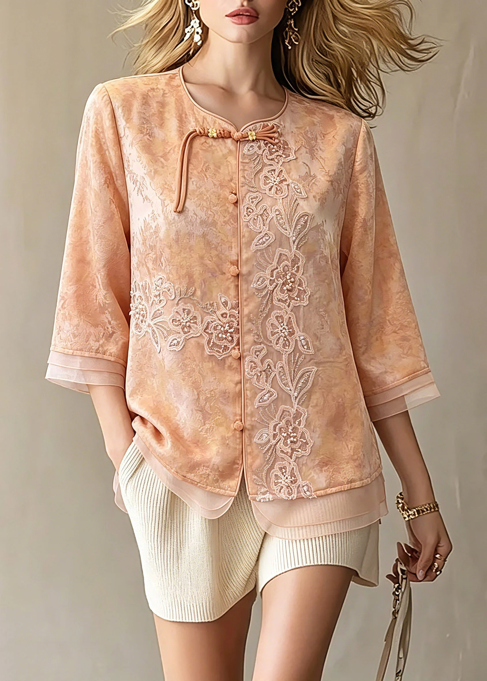 Elegant Orange Embroidered Patchwork Button Shirts Spring - Image 3