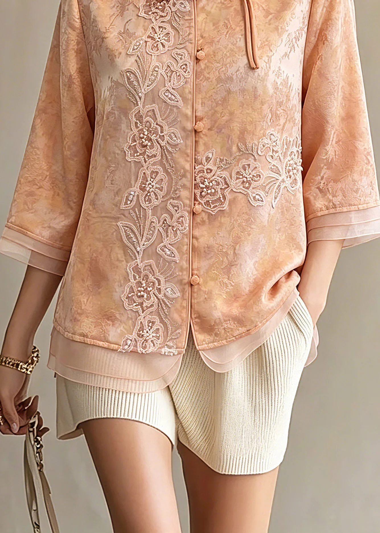 Elegant Orange Embroidered Patchwork Button Shirts Spring - Image 4