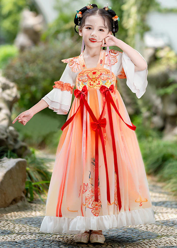 Elegant Orange Embroideried Ruffled Bow Kids Long Dress Summer - Image 2