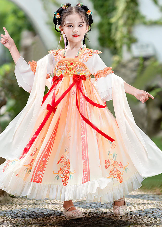 Elegant Orange Embroideried Ruffled Bow Kids Long Dress Summer - Image 3