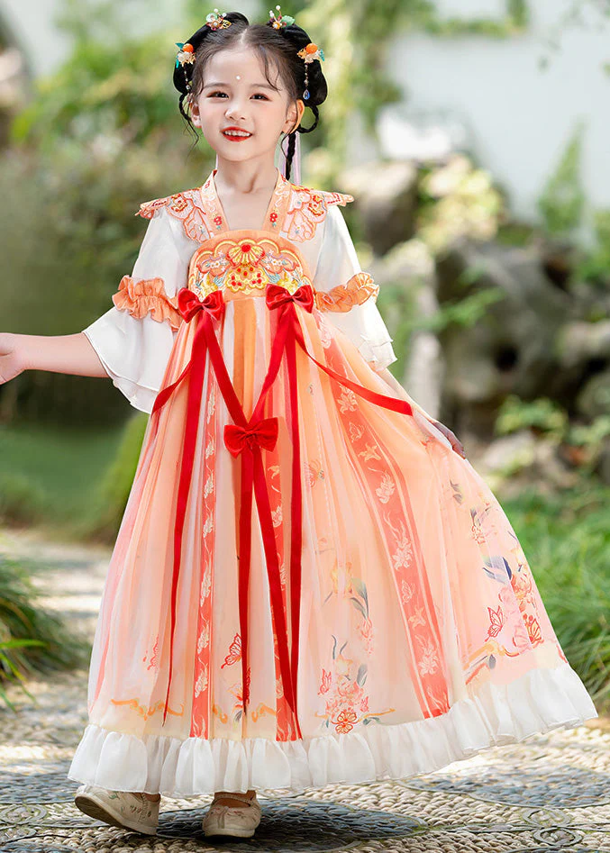 Elegant Orange Embroideried Ruffled Bow Kids Long Dress Summer - Image 4