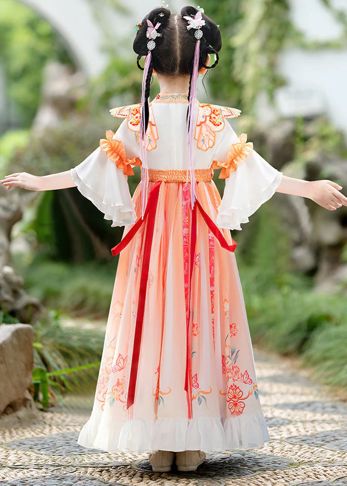 Elegant Orange Embroideried Ruffled Bow Kids Long Dress Summer - Image 5
