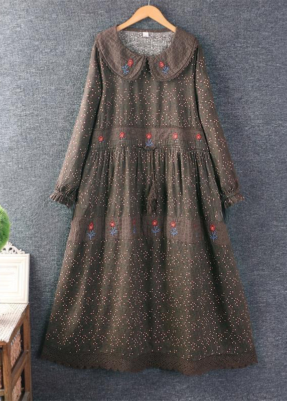 Elegant Orange print Tie Waist Pockets Linen Dresses Spring - Image 3