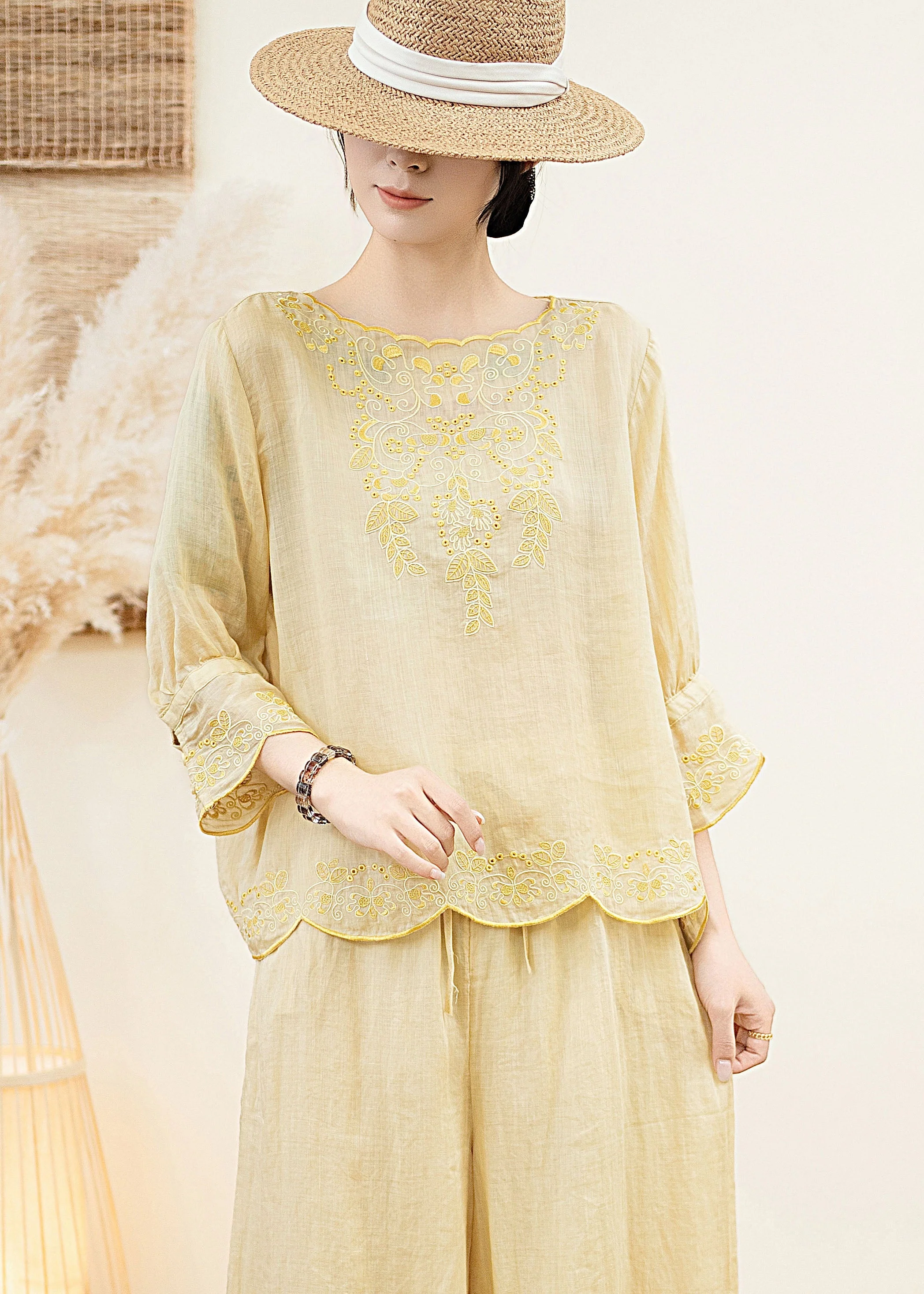 Elegant Orange O Neck Embroidered Linen Blouse Tops Summer - Image 3
