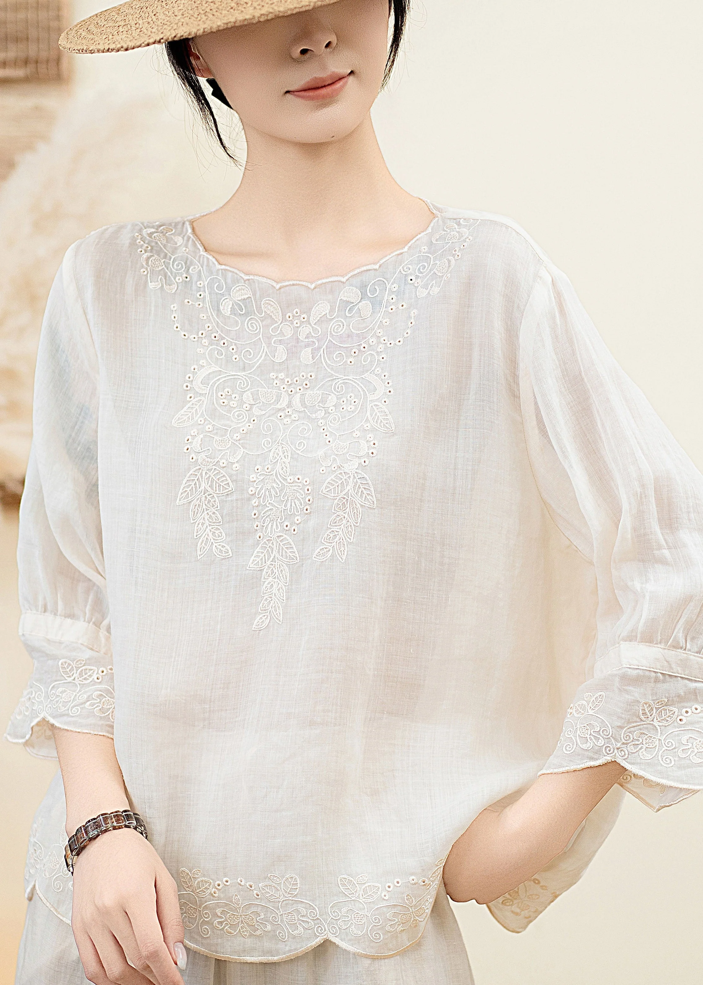 Elegant Orange O Neck Embroidered Linen Blouse Tops Summer - Image 4