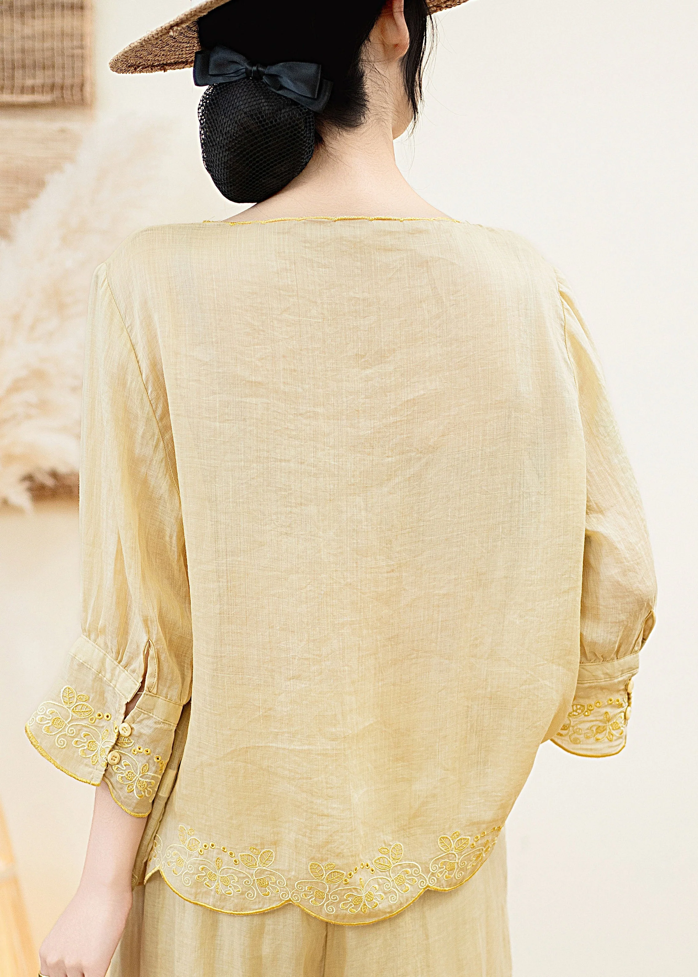 Elegant Orange O Neck Embroidered Linen Blouse Tops Summer - Image 5