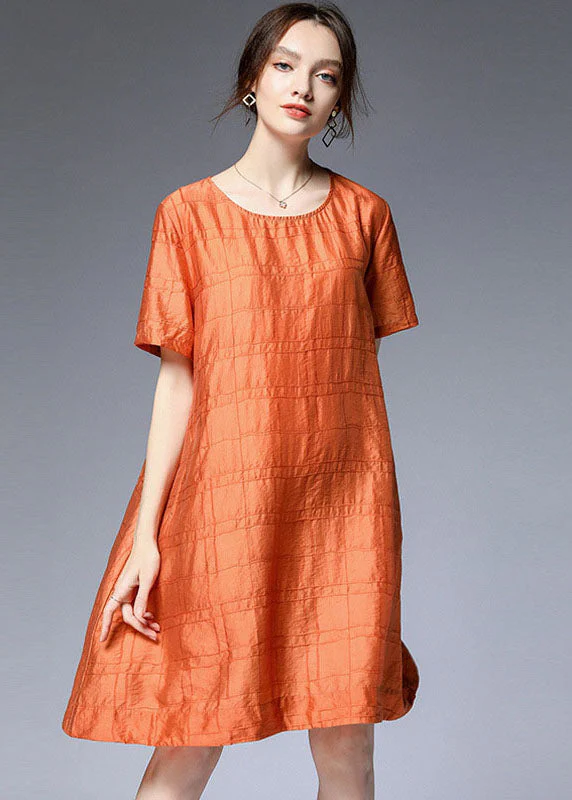 Elegant Orange O Neck Silk A Line Dress Summer - Image 2