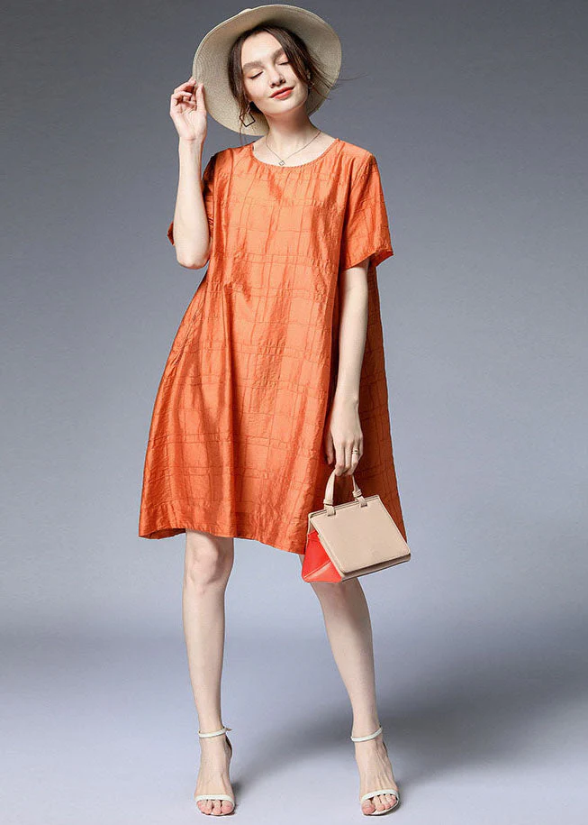 Elegant Orange O Neck Silk A Line Dress Summer - Image 3