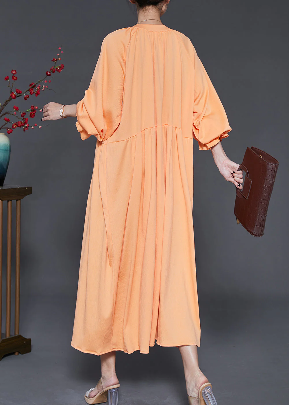 Elegant Orange Oversized Chiffon Holiday Dresses Lantern Sleeve - Image 4