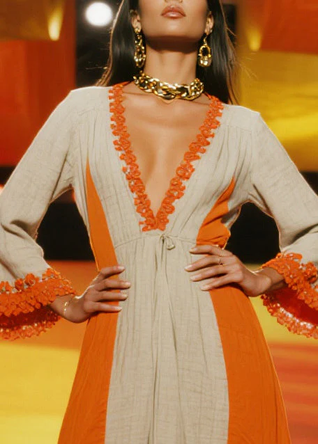 Elegant Orange Patchwork Low High Design Linen Party Dresses Summer - Image 2