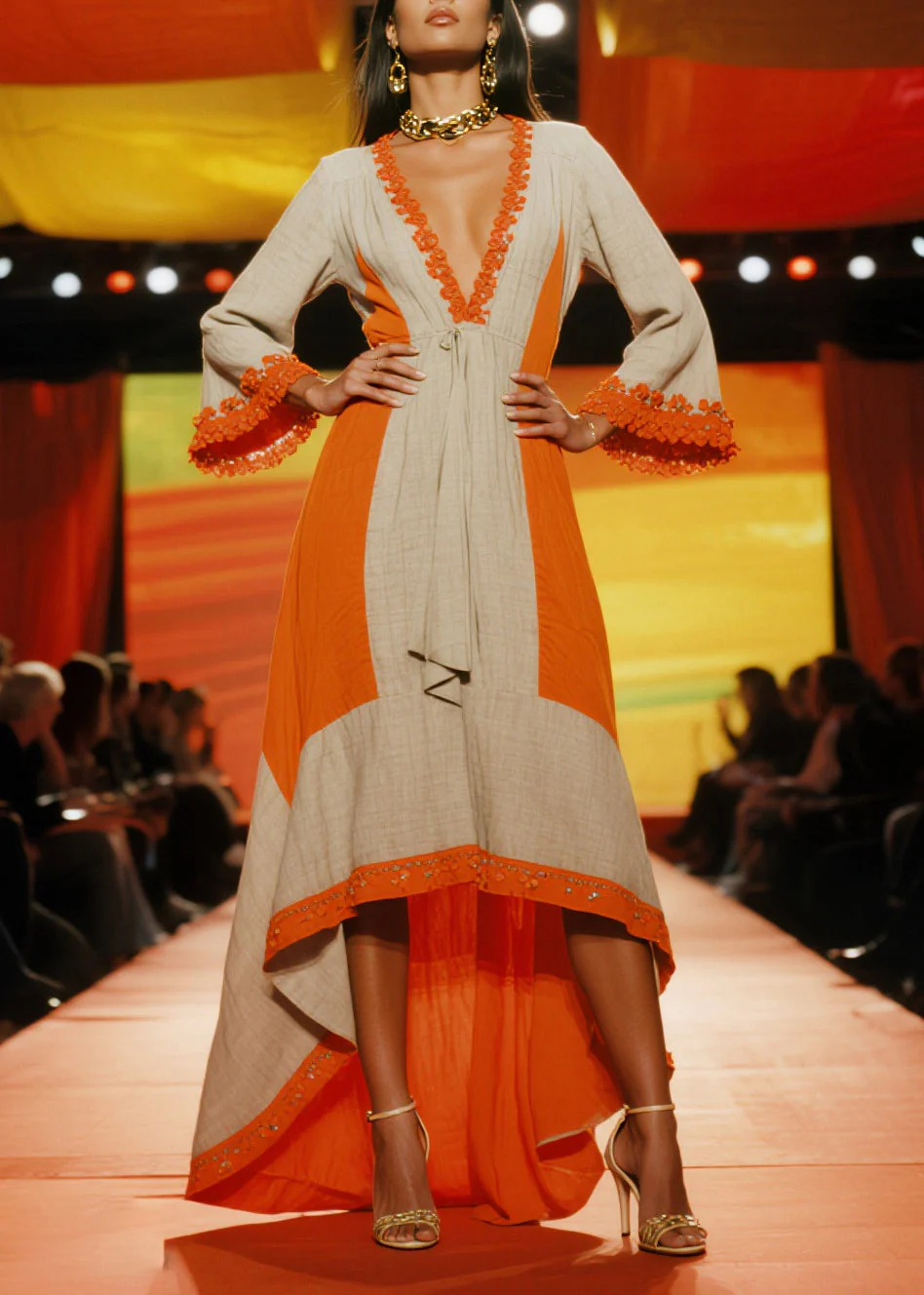 Elegant Orange Patchwork Low High Design Linen Party Dresses Summer - Image 3