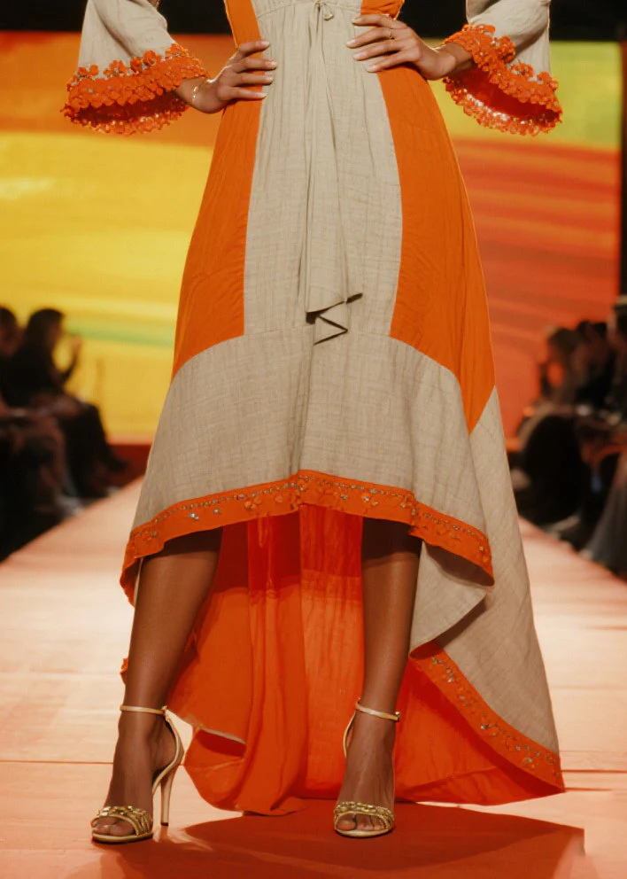 Elegant Orange Patchwork Low High Design Linen Party Dresses Summer - Image 4