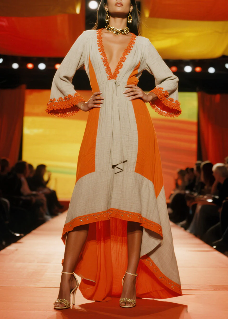 Elegant Orange Patchwork Low High Design Linen Party Dresses Summer - Image 5