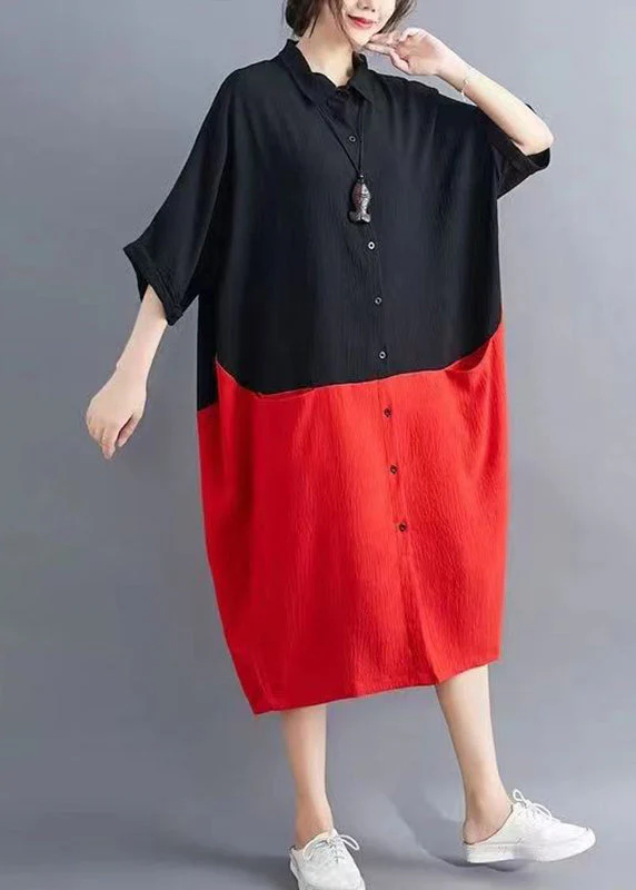 Elegant Orange Patchwork Yellow Peter Pan Collar Button Pockets Maxi Shirts Dress Summer - Image 2