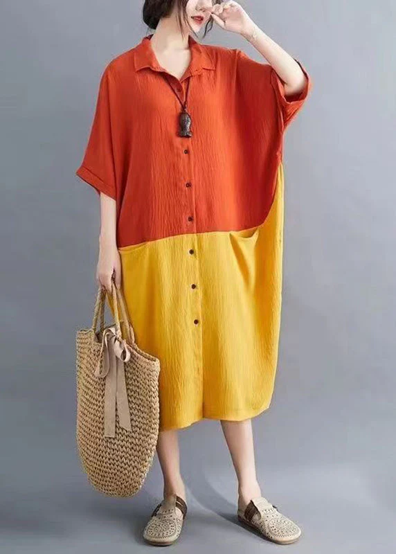Elegant Orange Patchwork Yellow Peter Pan Collar Button Pockets Maxi Shirts Dress Summer - Image 3