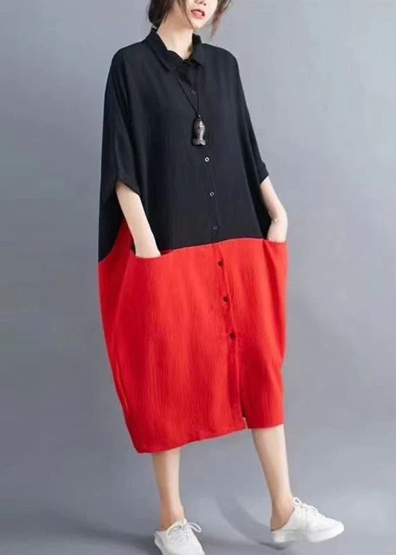 Elegant Orange Patchwork Yellow Peter Pan Collar Button Pockets Maxi Shirts Dress Summer - Image 4