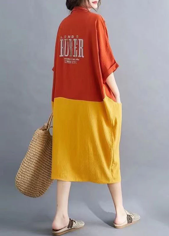Elegant Orange Patchwork Yellow Peter Pan Collar Button Pockets Maxi Shirts Dress Summer - Image 5
